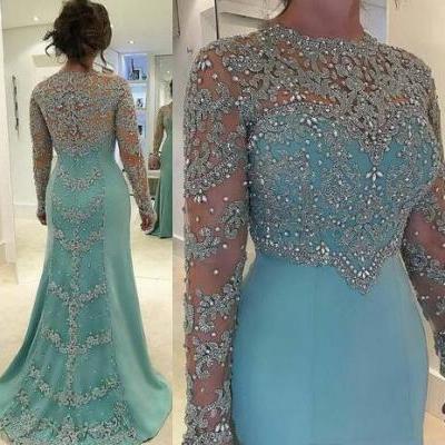New Sexy Jewel Neck Long Sleeves Sheath Sky Blue Lace Appliques Crystal Beads Formal Party Dress Prom Gowns