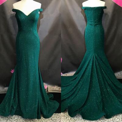 Dark Green Sparkly Off-The-Shoulder Mermaid Long Prom Dress, Evening Dress with Court Train