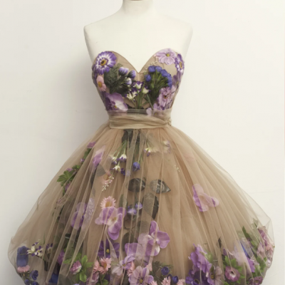 Vintage prom dress Fairy Prom Dress,Garden Prom Dresses,Dress With Flowers,Tulle Flowers,BW92282