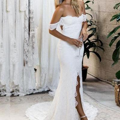 Mermaid Off-the-Shoulder Sweep Train White Lace Wedding Dress with Split,BW92355
