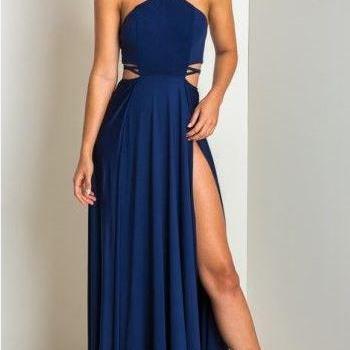 Sexy Navy Blue Prom Dress, Halter Long Prom Dress, Side Slit Evening Dress,BW92458