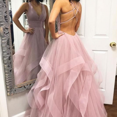 Simple pink tulle long prom dress, pink tulle evening dress,BW93314