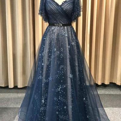 Dark blue tulle long prom dress, blue tulle evening dress, BW93781