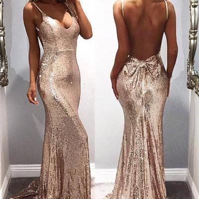 Mermaid Sequins Gold Long Prom Dress with Open Back, BW94085