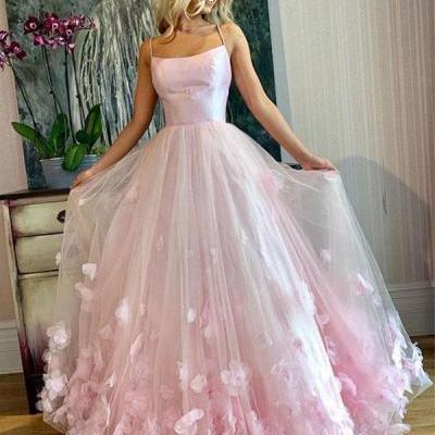 Pink tulle long prom dress, pink evening dress, BW9518