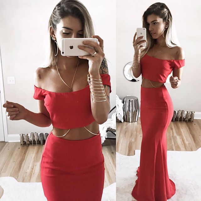 two piece off the shoulder mermaid prom dress