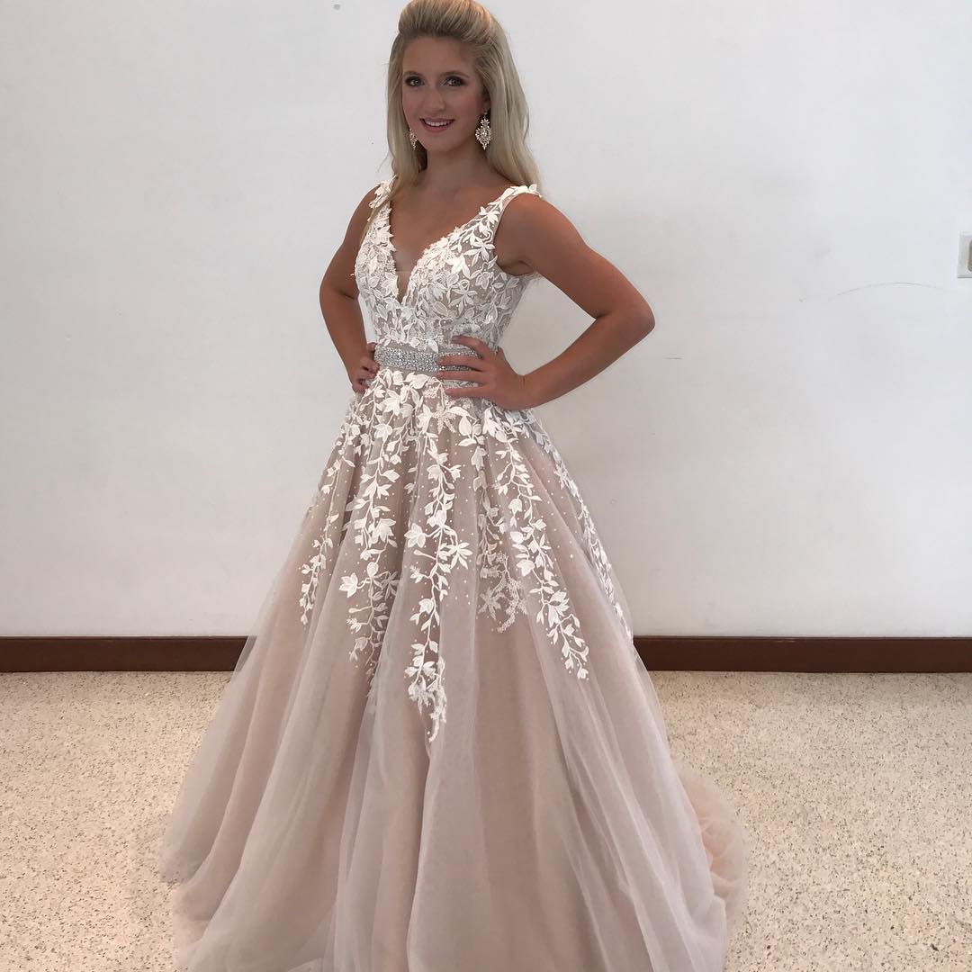 champagne and white lace wedding dress