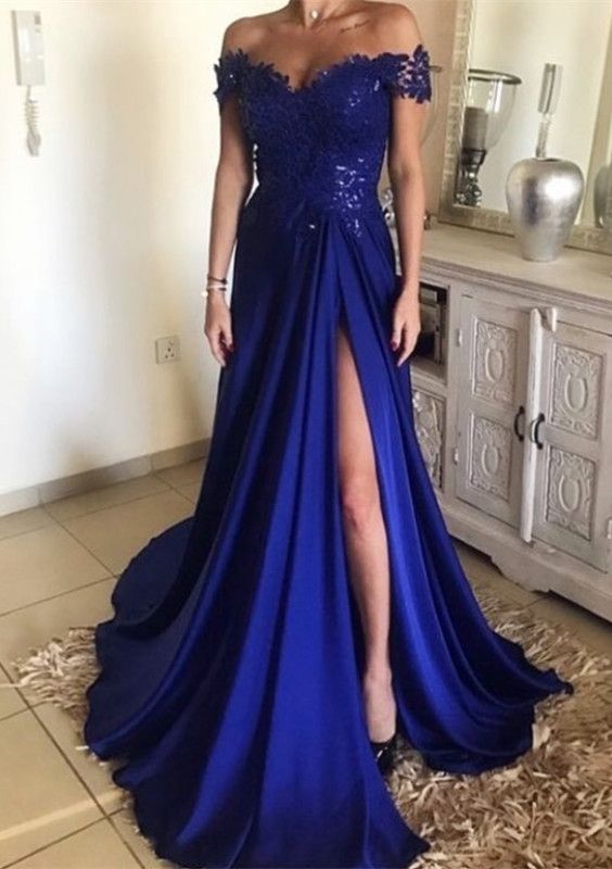 blue prom dress off the shoulder