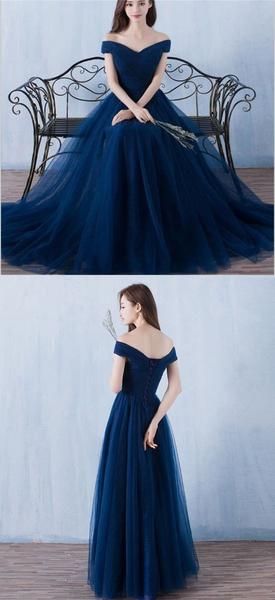 navy blue off the shoulder bridesmaid dress