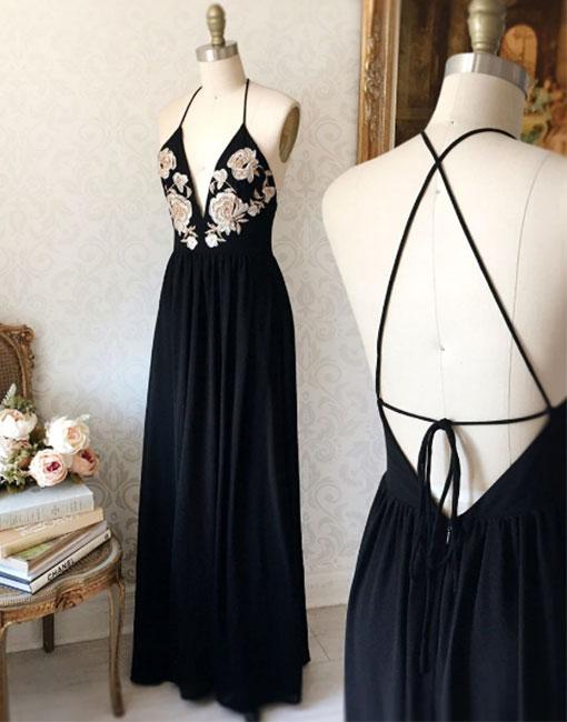 Black v neck backless long prom dress, black evening dress 