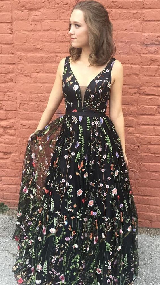plunging floral tulle dress
