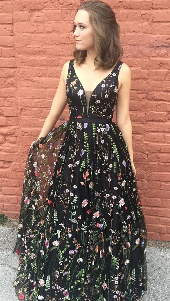 black prom dress with embroidered flowers