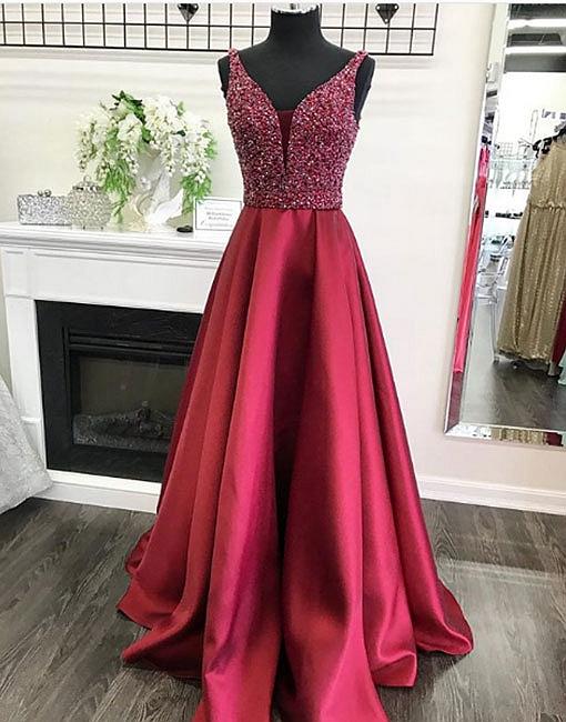 burgundy v neck prom dress