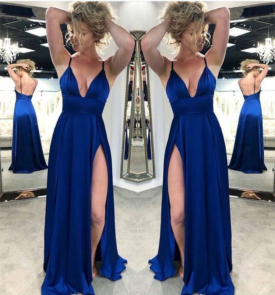 blue satin spaghetti strap dress