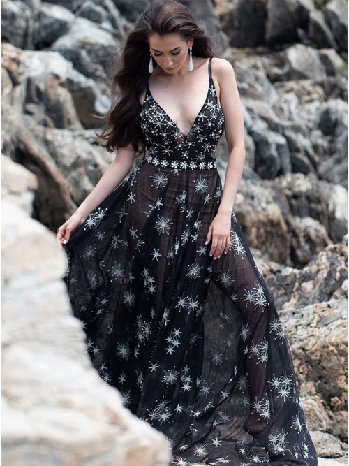 V-neck Sleeveless Black Prom Dress 