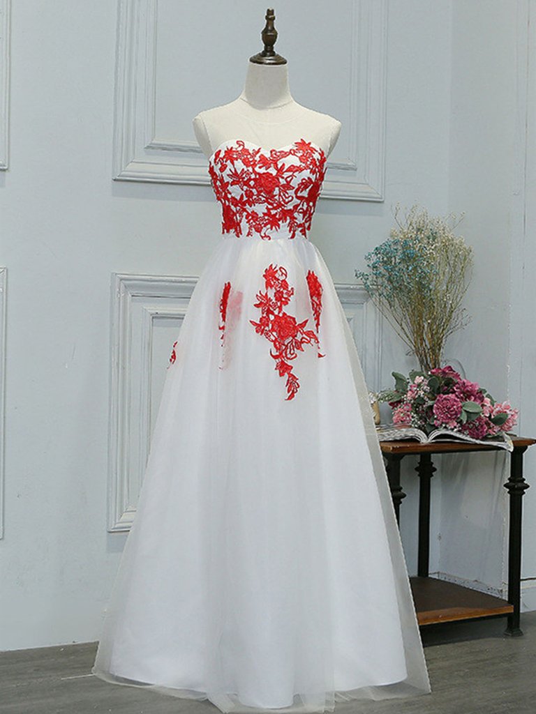 Round Neck Red Lace Appliques White ...