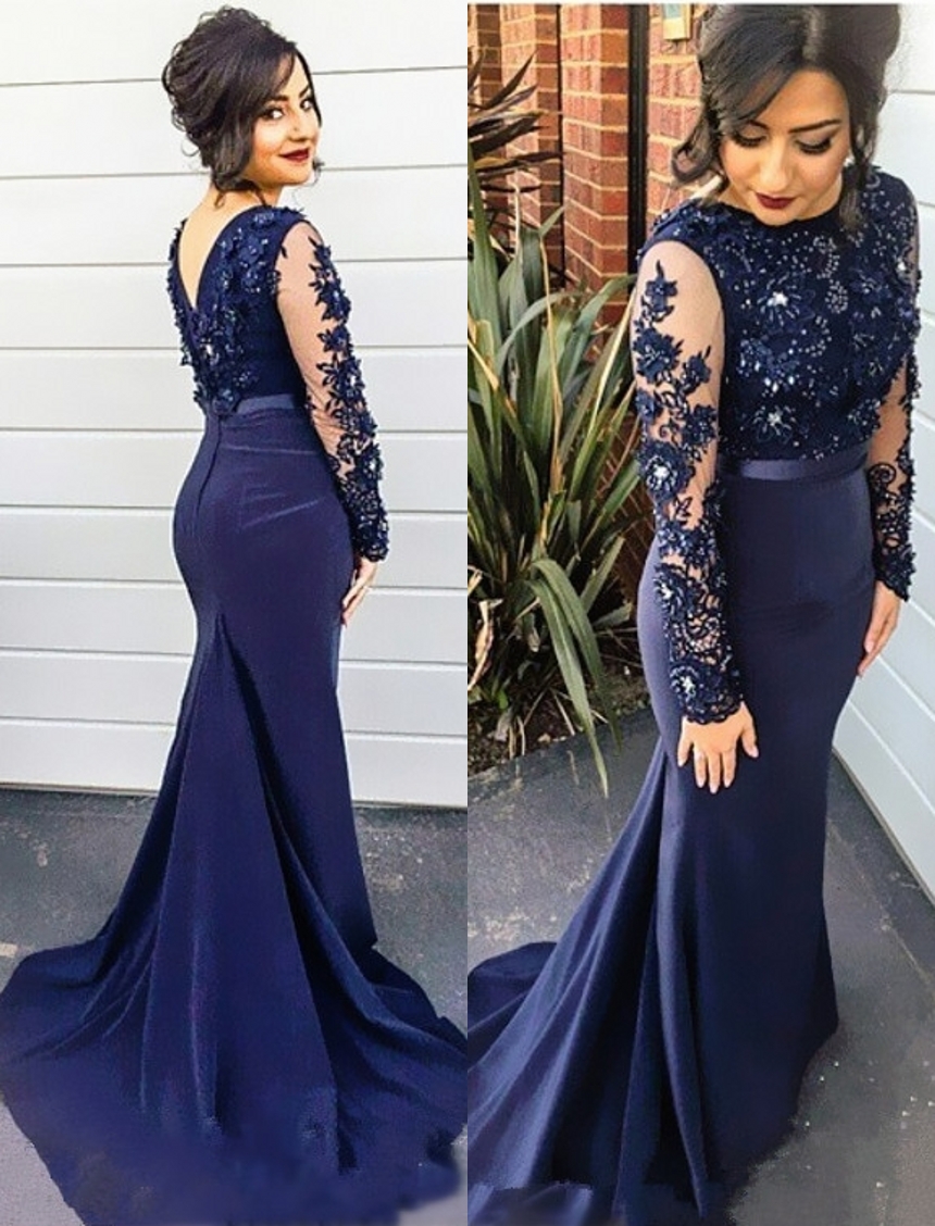 Lace Crew Neck Long Sleeves Floor Length Mermaid Formal Dress Featuring Train and Plunge V Back, Prom Dress 