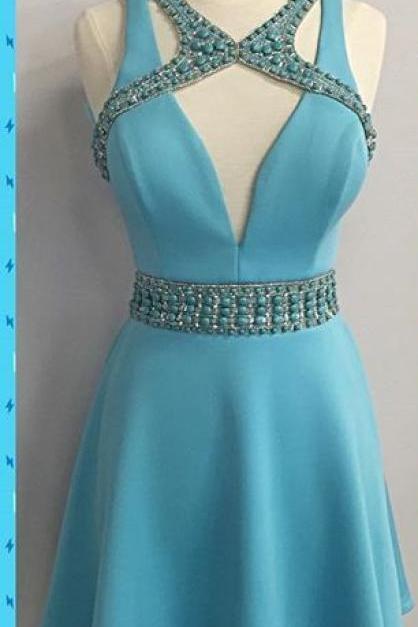 Charming Homecoming Dresses,Turquoise prom Dresses,Beaded crossing homecoming Dresses, Juniors Homecoming Dresses