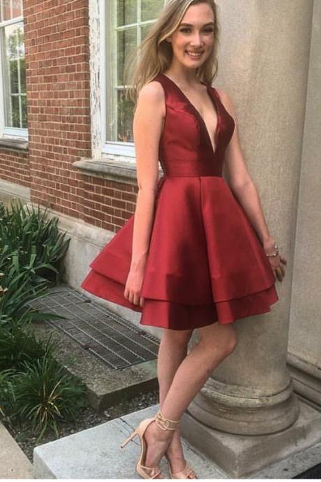Burgundy homecoming dress,V-neck formal dress,satin prom dress, homecoming gowns,short prom gowns