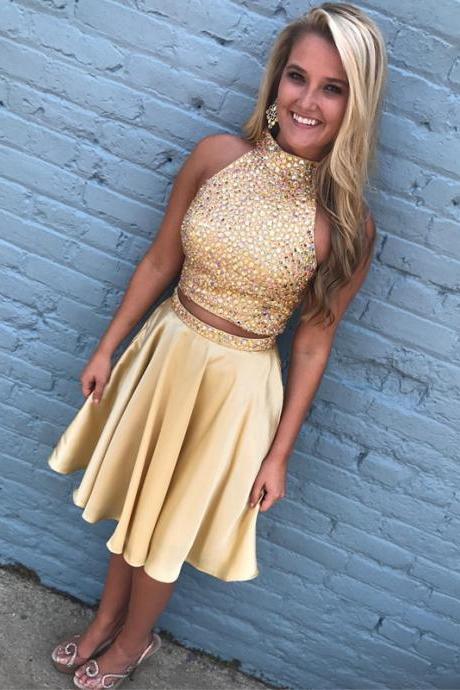 Gold homecoming dress,Beaded prom dress,two pieces prom dress,O neck homecoming gowns,short prom gowns