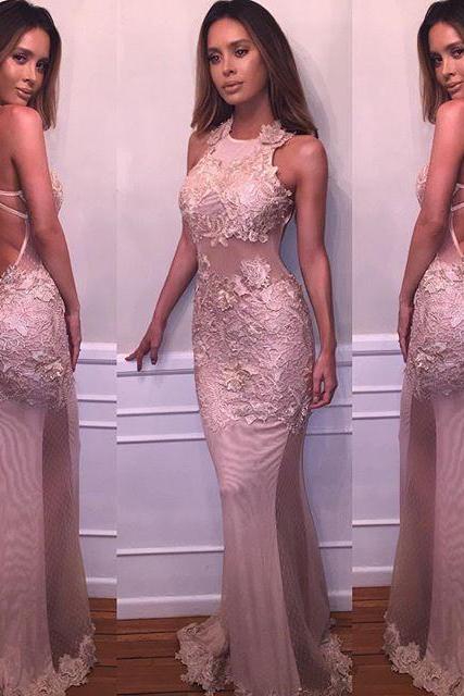 Blush pink prom dress, round neck prom dress,applique prom dress,backless long prom gowns