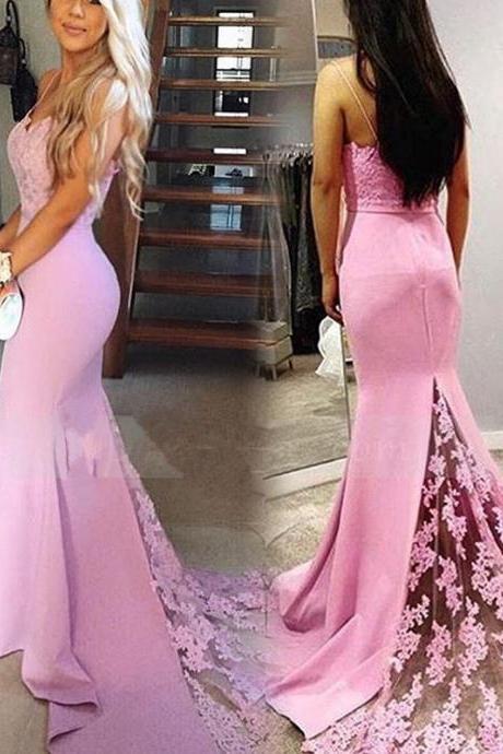 Candy pink prom dress, mermaid prom dress,lace applique prom dress,backless long prom gowns