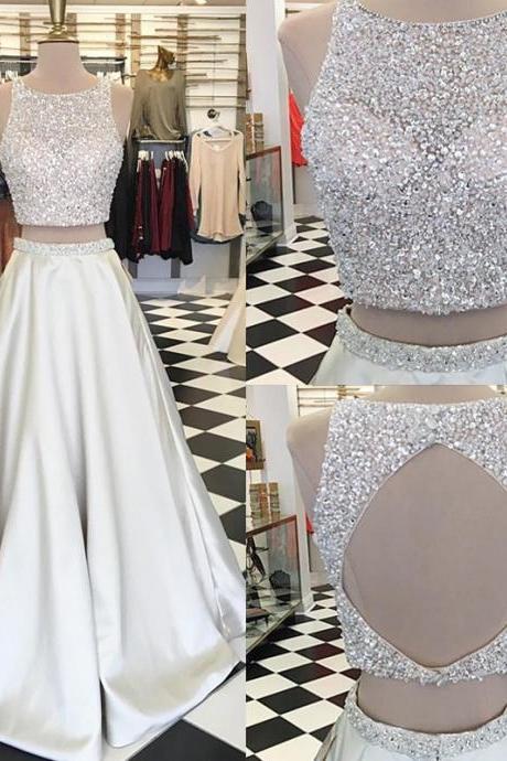 White prom dress, A-line two pieces long prom dress,backless prom gown,satin beaded evening gowns