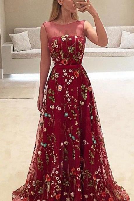 Burgundy prom dress, A-line long prom dress,flower prom gown,tulle evening gowns