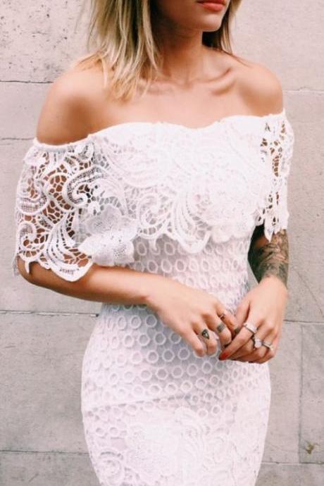 White prom dress, Mermaid short prom dress,off shoulder prom gown,lace homecoming gowns