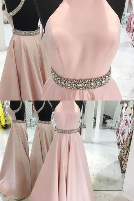 Blush pink prom dress,A-line high neck long prom dress,backless prom gown,satin beaded evening dress