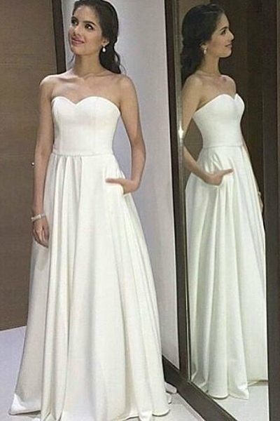 White Satin Prom Dresses Long A-line Sleeveless Simple Sweetheart Evening Dresses Formal Gowns Cheap Party Graduation Pageant Dresses with Pocket for Teens