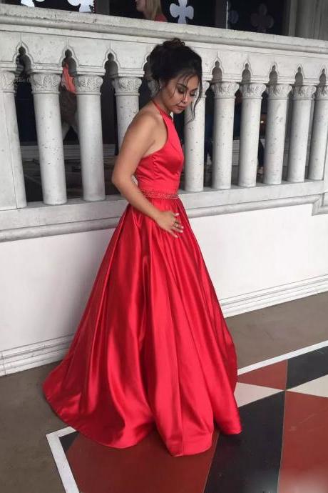 Beaded Red Satin Prom Dresses Long A-line Sexy Party Dresses Backless Evening Dresses Halter Formal Gowns with Pocket