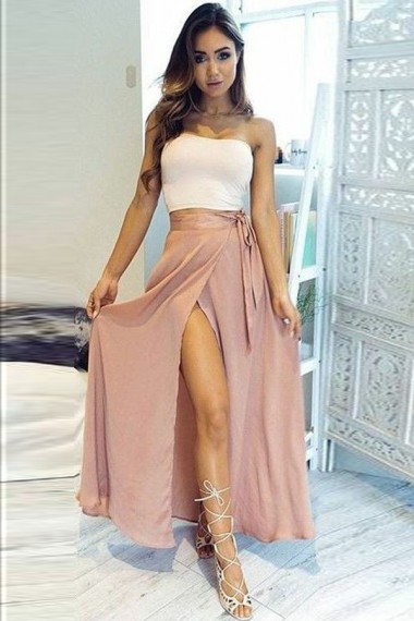 Two Piece Strapless Ankle-Length High Split Pink Chiffon Prom Dress
