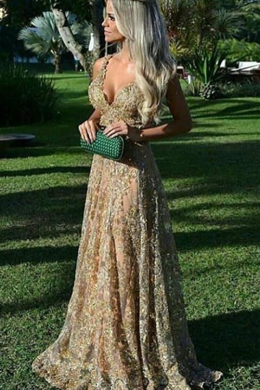 A-Line Deep V-Neck Criss-Cross Straps Dark Green Tulle Prom Dress with Beading