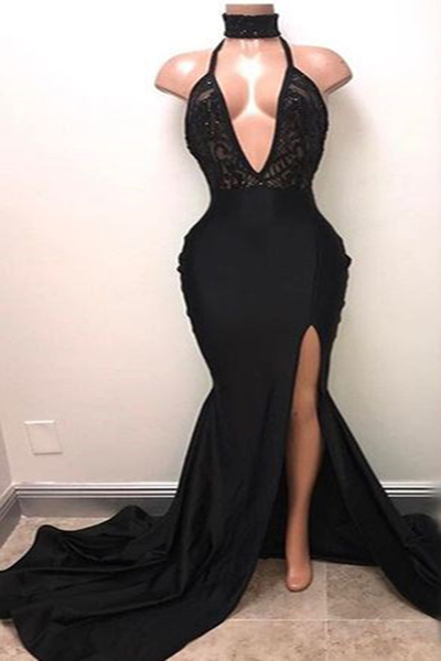 Sexy black long train V-neck evening dress, lace prom dress