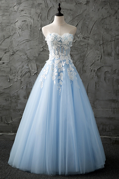 Sweetheart blue tulle long customize evening dress with appliques