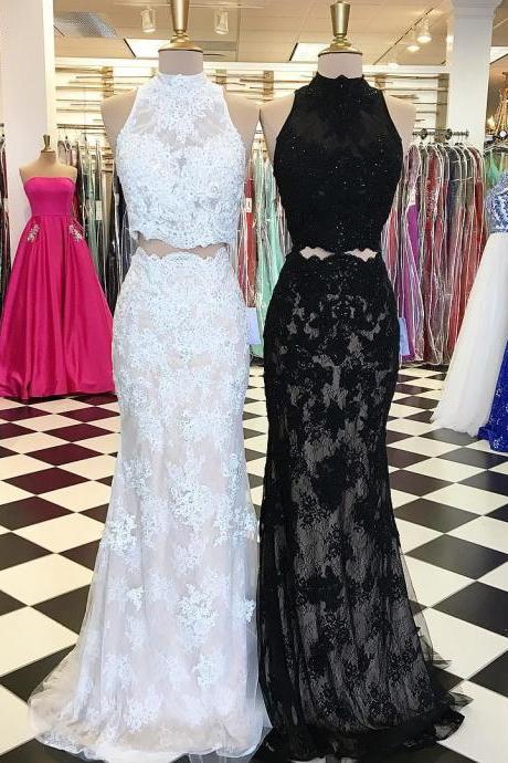 Black Prom Dress,White Prom Dresses,Lace Prom Dress,Two Piece Prom Gowns,Mermaid Evening Dresses