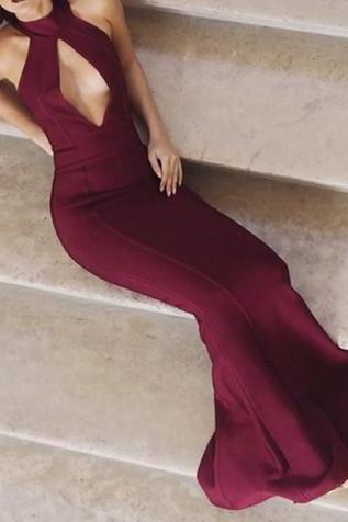 Mermaid Sleeveless High Neck Sweep Burgundy Lace Evening Dress main image 1