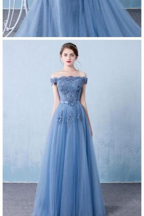 Stunning Prom Dress, Off the shoulder Prom Evening Dress, Blue Prom Dress, Long Prom Evening Dress