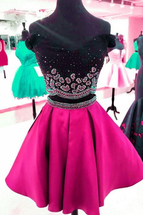 Beaded Pearls Short Prom Dress, Two Piece Prom Dresses, Satin Homecoming Dress, Sexy Prom Gown
