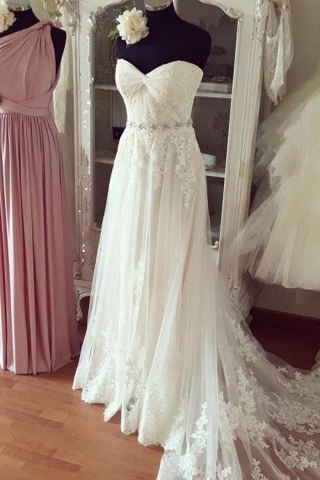 Wedding Dresses, Wedding Gown,Pleated Sweetheart Lace Appliques Beach Wedding Dresses Boho Wedding Gowns