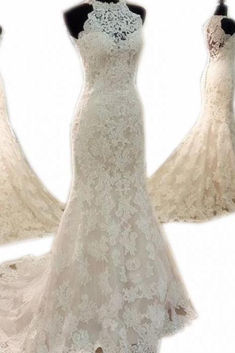 Wedding Dresses, Wedding Gown,Vintage halter long lace mermaid wedding dresses 2018 romantic bridal gown
