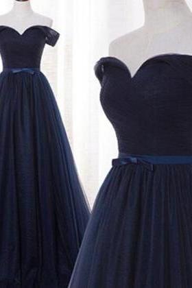 Navy Blue Prom Dress,Pretty Prom Dresses,Tulle Bridesmaid Gown,Simple Bridesmaid Dress,off the shoulder Evening Dresses,Tulle Wedding Gowns,Dark Navy Bridesmaid Dresses