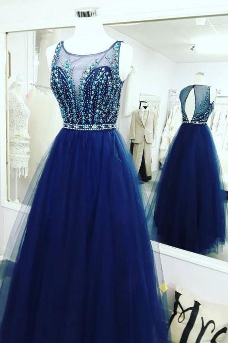 Royal Blue Tulle Beaded Long Prom Dress,Sleeveless Prom Dress BD451