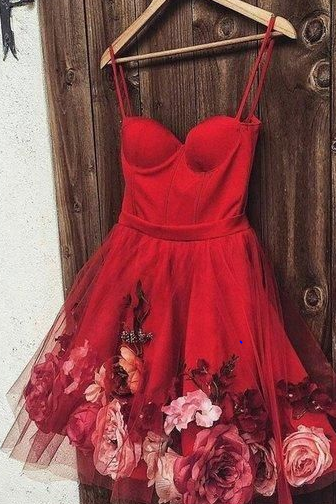 Burgundy satin tulle short prom dress, homecoming dress with flower applique,BW92034