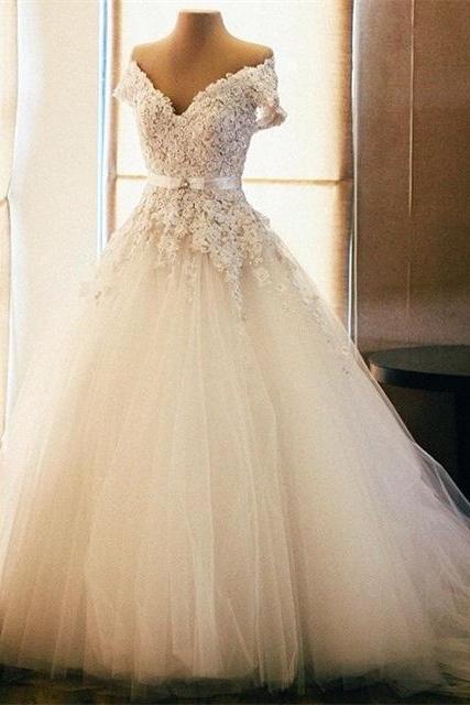 A-line Off-Shoulder Chapel Train Tulle Appliqued Beaded Rhine Stone Wedding Dresses, BW9440