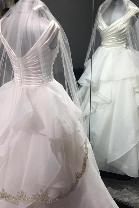 Marvelous Satin & Organza V-neck Neckline A-line Wedding Dresses With Pleats, BW9449