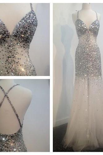 Charming Prom Dress,Tulle Prom Dress,Mermaid Prom Dress,V-Neck Prom Dress,Sequined Prom Dress,Backless Prom Dress,PD1700119