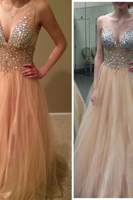 Charming Prom Dress,V-Neck Prom Dress,A-Line Prom Dress,Sequined Prom Dress,Tulle Prom Dress,PD1700482