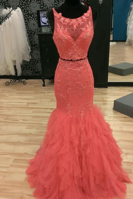 Keyhole Back, Two Piece Prom Dress, Modest Mermaid Prom Dress, 2 Pieces Prom Dress, Open Back Prom Gown, Senior Prom Dress, Sexy Prom Dress, Ruffles Skirt Tulle Lace Dress for Prom,PD1700780